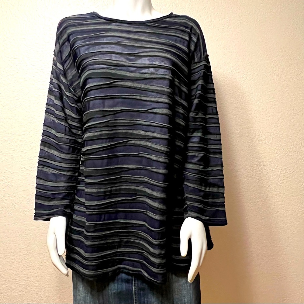 Cut Loose Blue Gray Uneven Distressed Stitching Stripes Semi Sheer Top
